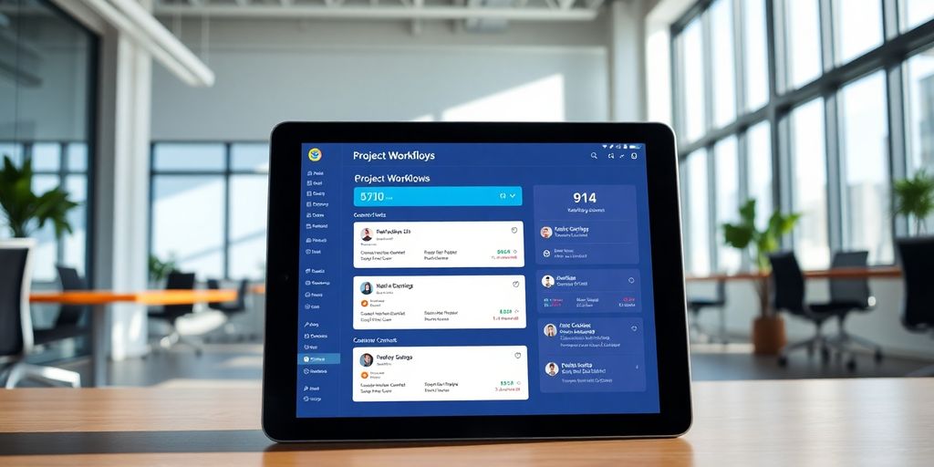 Modern office with CRM interface on tablet.