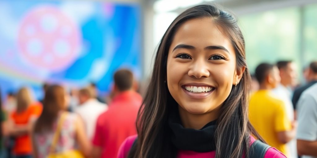 Salish Matter smiling with philanthropic backdrop.
