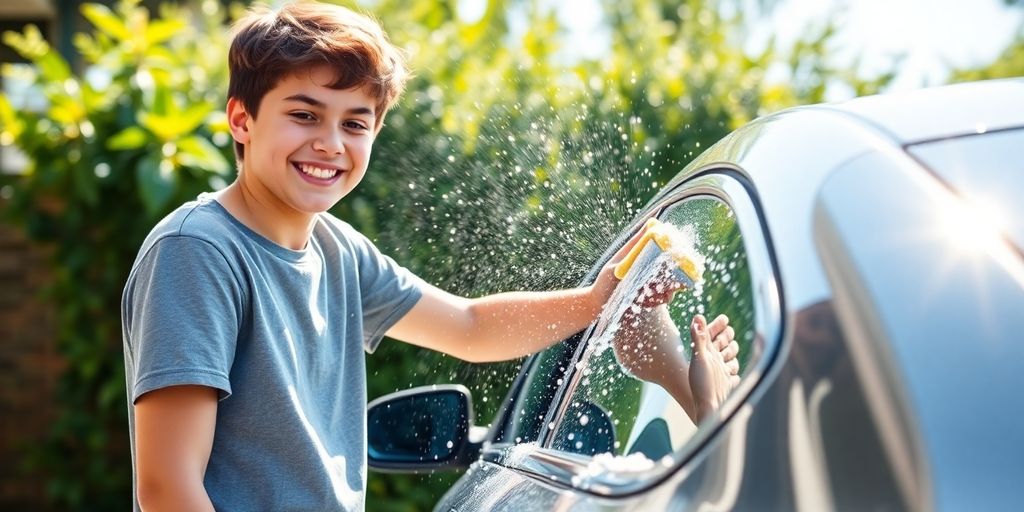 Teen washing a car with bubbles and sunshine.