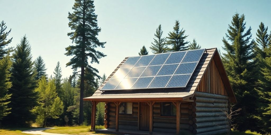 Solar panels on a rugged off-grid cabin.