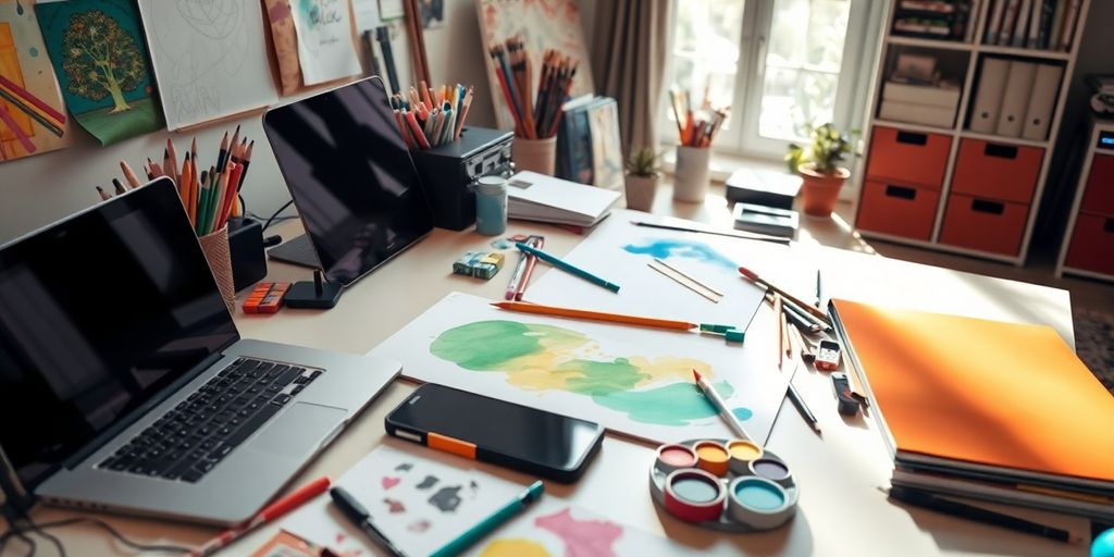 Creative workspace with digital tools and art supplies.