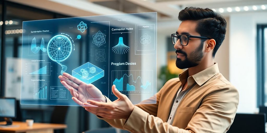 Professional interacting with holographic AR interface in office.