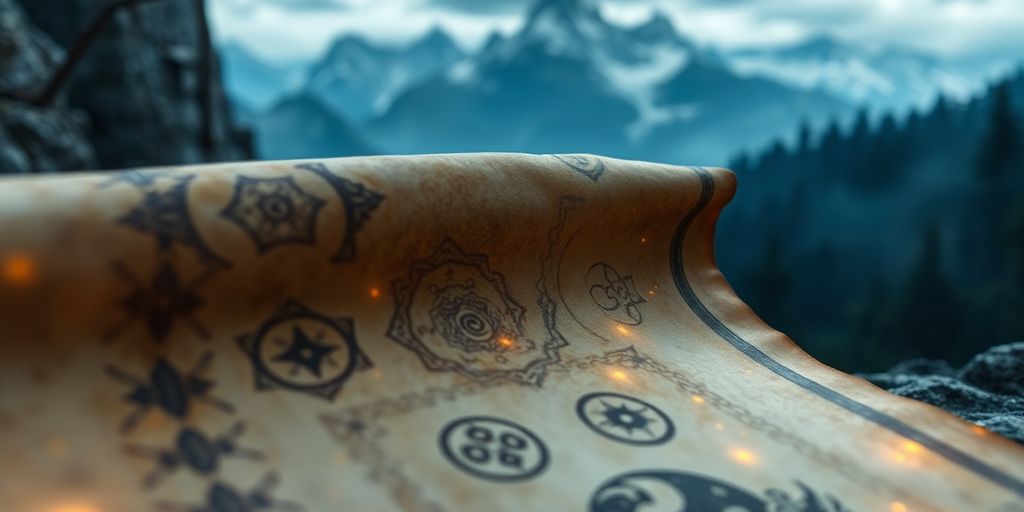 Glowing ancient scroll displaying magical runes in a fantasy RPG landscape.