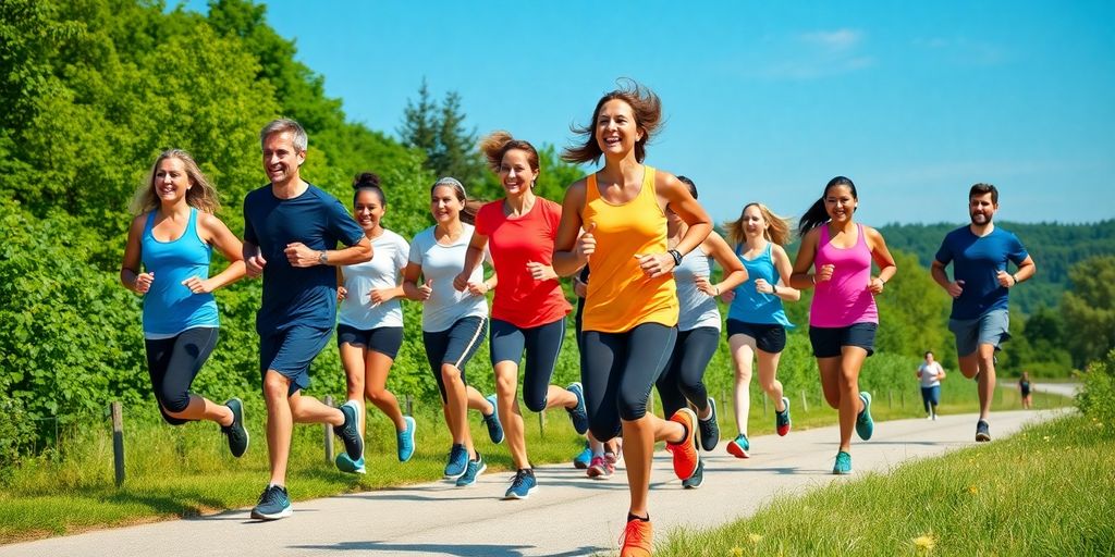 Group of runners enjoying a sunny trail run.