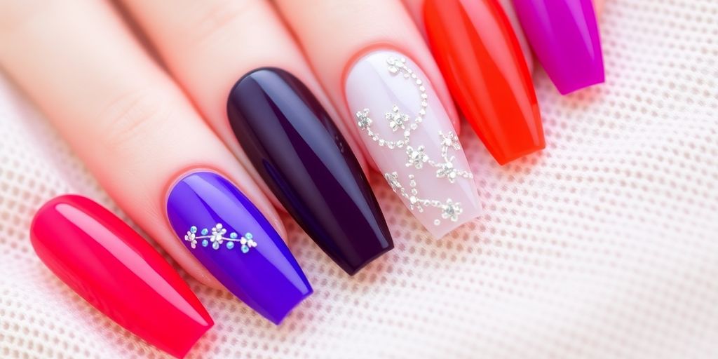 Unhas postiças vibrantes e bem cuidadas em fundo suave.