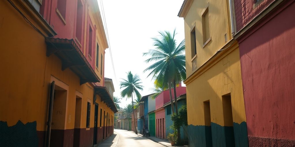 Historic Bagamoyo street with colorful buildings.