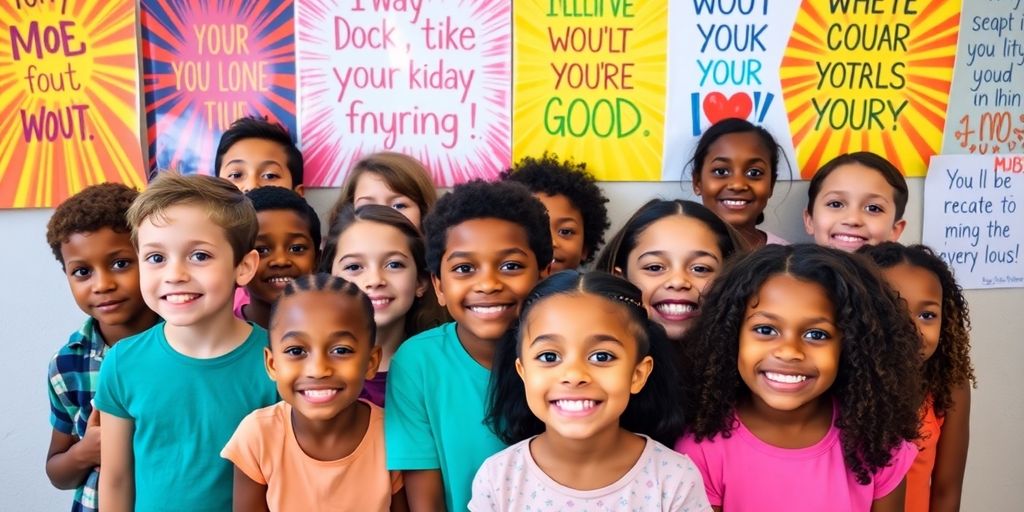 Children uplifted by vibrant motivational posters.