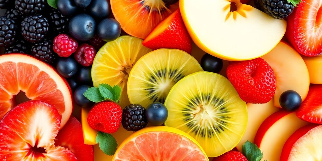 ผลไม้สดหลากหลายชนิดจัดเรียงสวยงาม