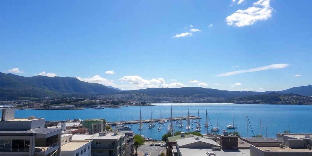 Wellington cityscape, blue sky, shimmering harbour, green hills backdrop.