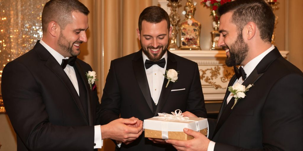 Groomsmen exchanging gifts in a festive celebration.