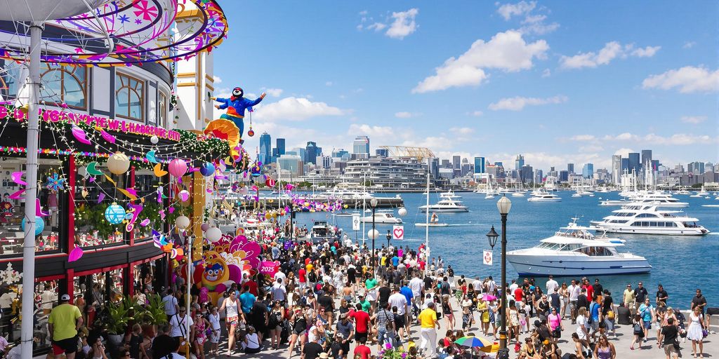 Colorful festive decorations and joyful celebrations by the harbor.