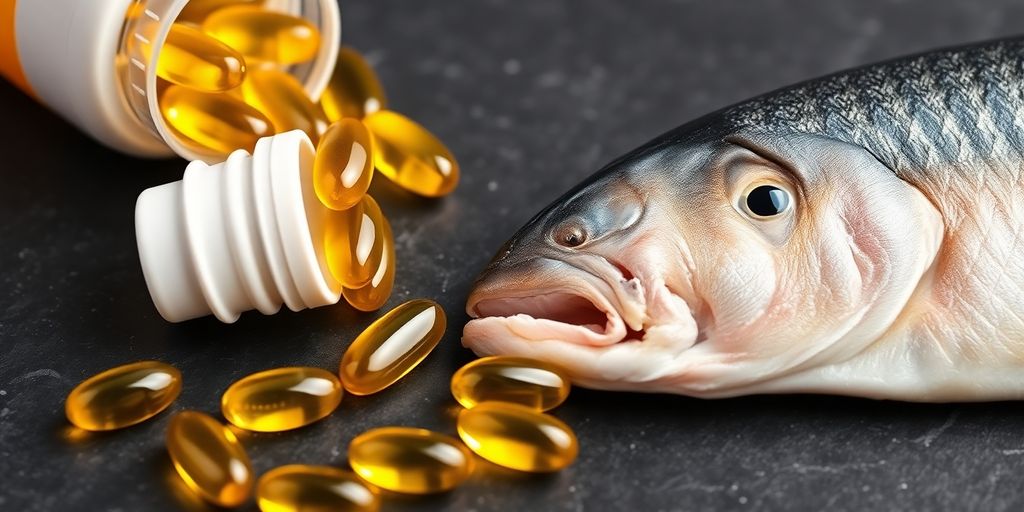 Fish oil capsules beside fresh fish.