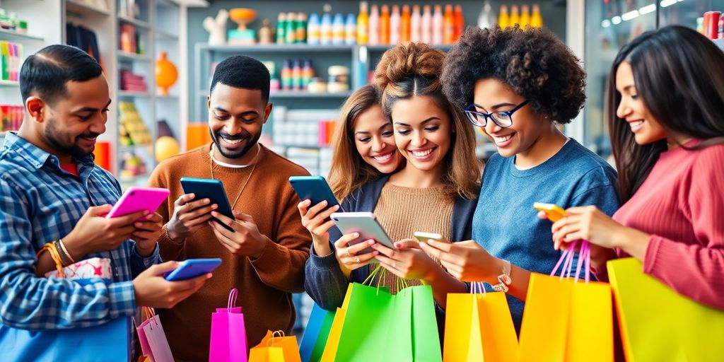 Group of people engaging in online shopping activities.