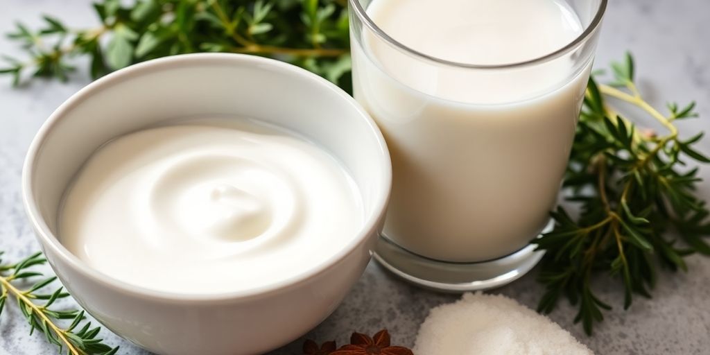 Bowl of heavy cream next to glass of milk.