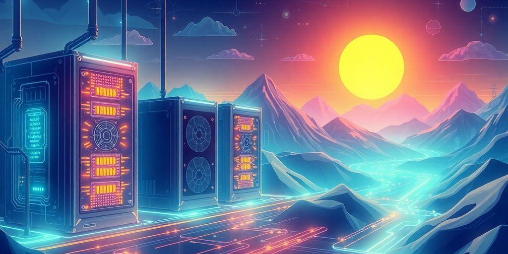 Futuristic crypto mining setup with advanced hardware and circuits.