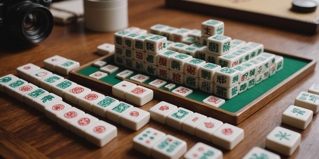 Mahjong set with tiles and accessories on a table.