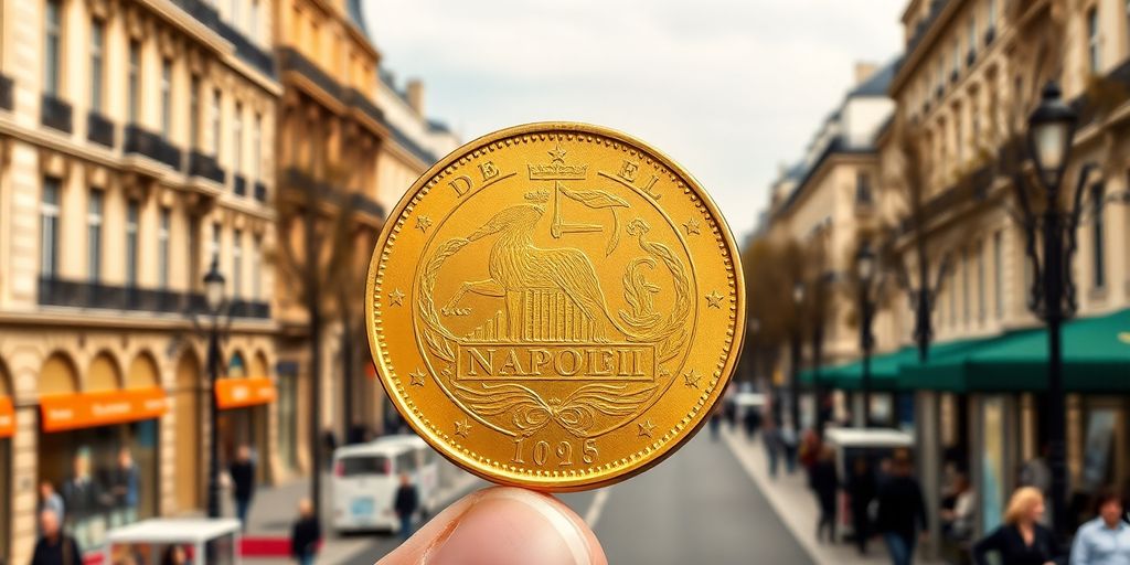 Une pièce de Napoléon en or sur les Champs Élysées.