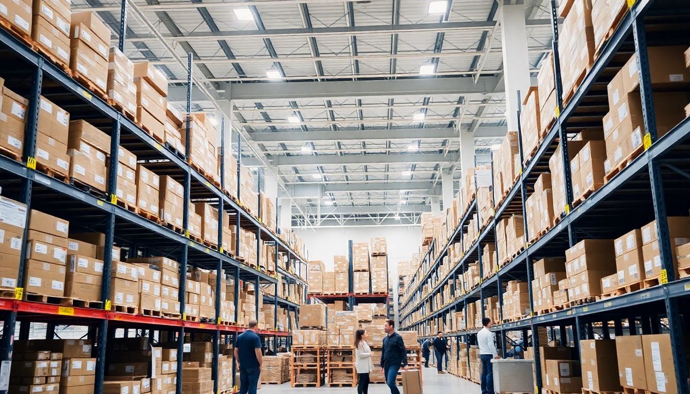 Interior of a modern warehouse with organized inventory.