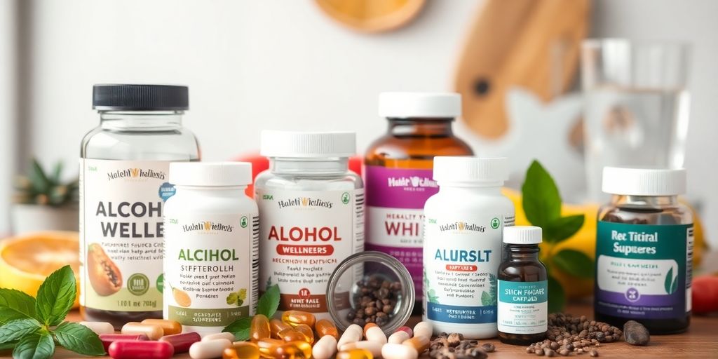 Health supplements for alcohol wellness on a wooden table.