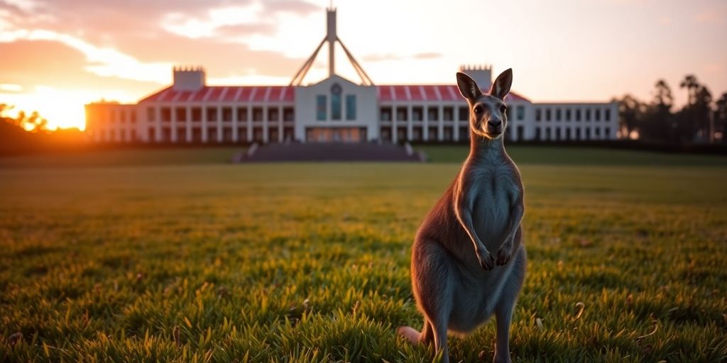 Kangaroo near Australian Parliament House at sunset.