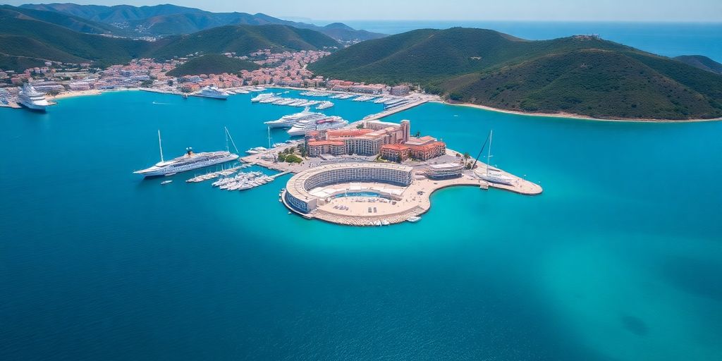 An aerial photographic view of Avalon harbor on Catalina Island.