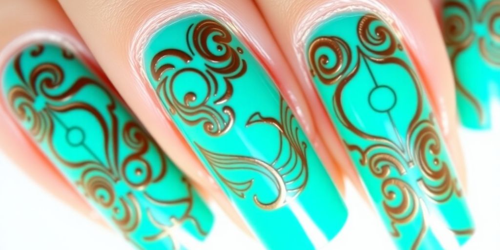 Unhas turquesa decoradas com efeito 3D.