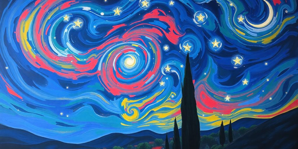 Van Gogh's swirling starry night over a village.