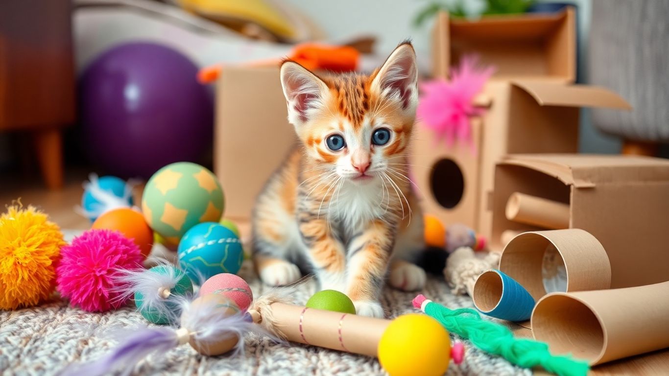 Kitten playing with colorful homemade and store-bought toys