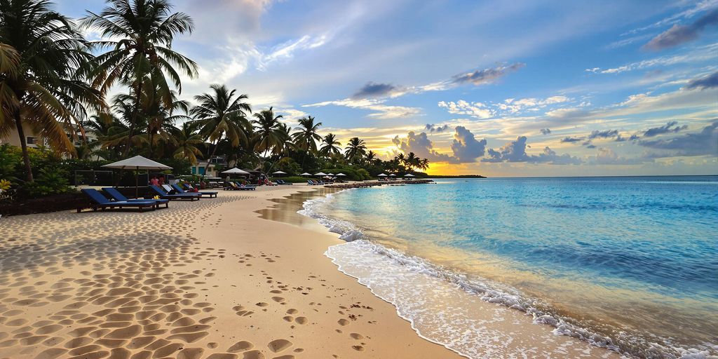 Tropical beach with palm trees and sunset view.