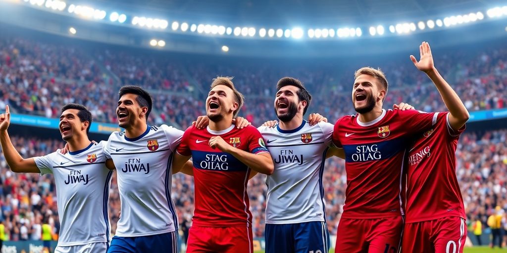 Top soccer players celebrating together on the field.