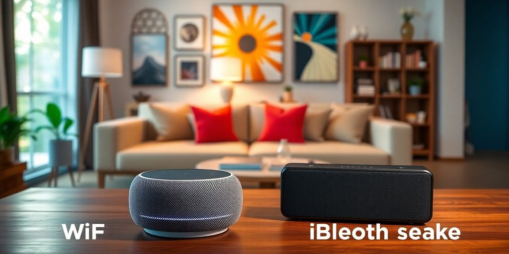 WiFi and Bluetooth speakers in a modern living room setting.