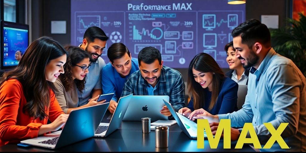 Profissionais de marketing digital colaborando em ambiente moderno.