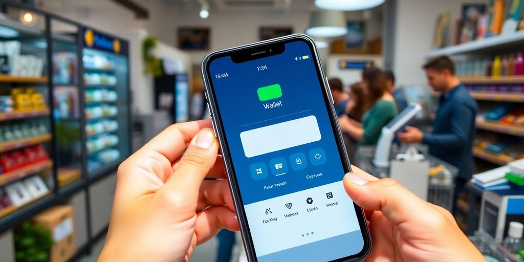 Smartphone with digital wallet in a busy retail environment.