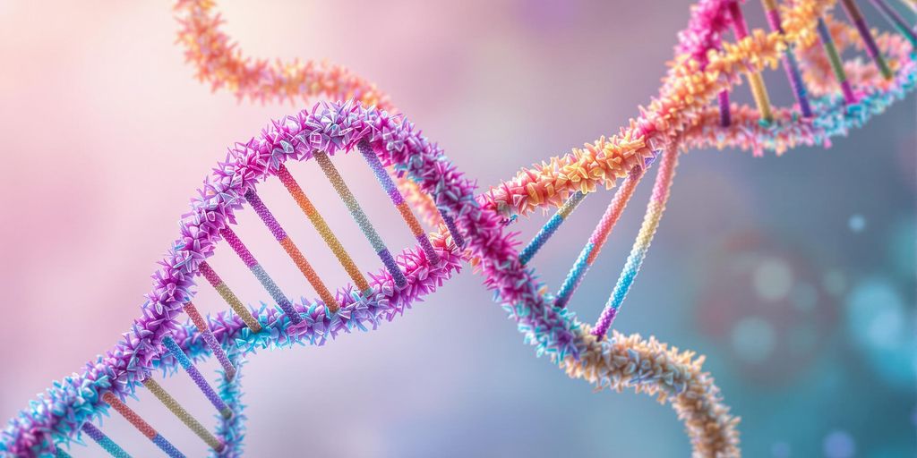 Colorful intertwined DNA strands illustrating genetic duality.