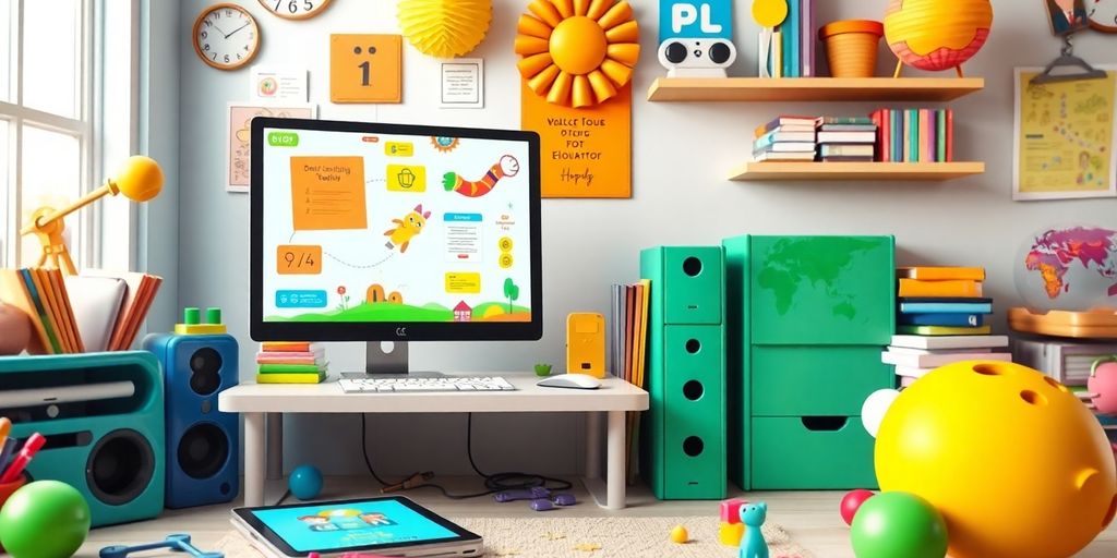 Child's learning workspace with computer and educational materials.