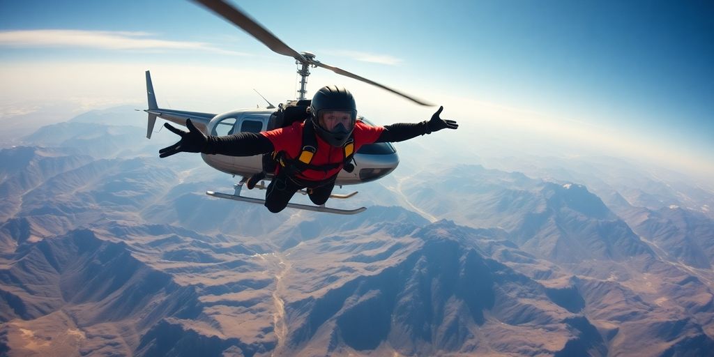 A person base jumping from a helicopter over mountains.