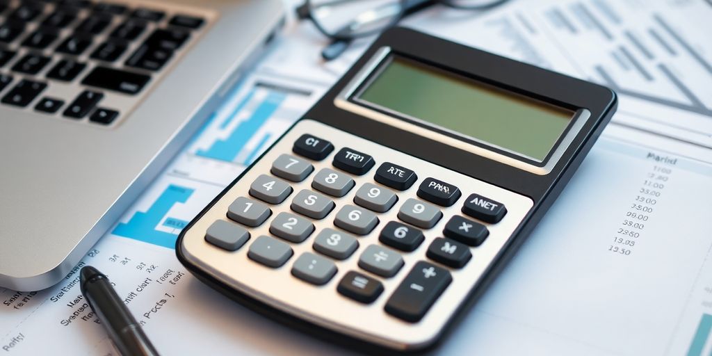 Calculator and financial documents on a desk.