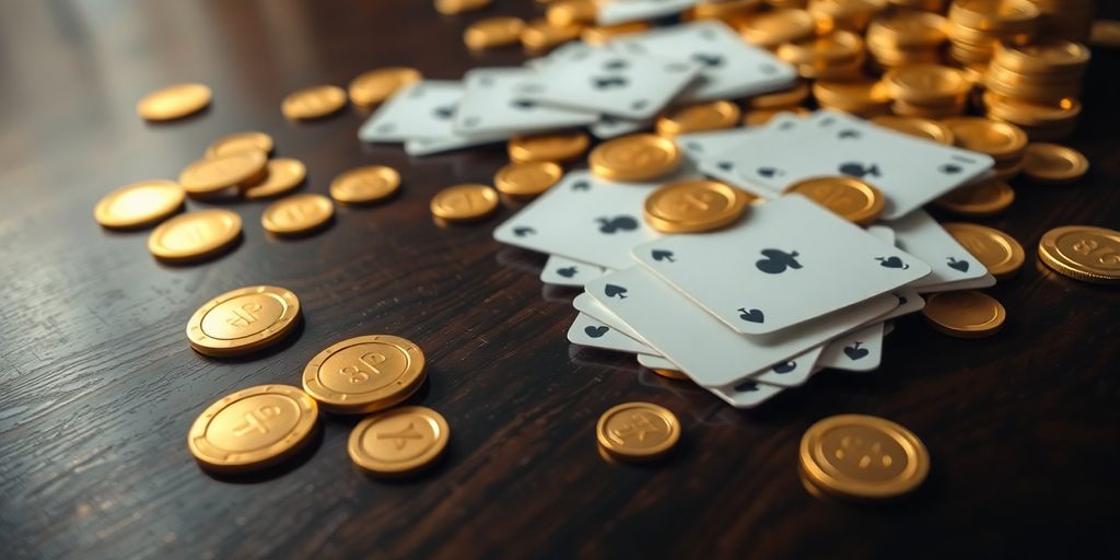 Sparkling coins, casino chips, and playing cards.