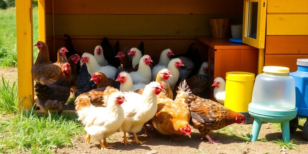 Chickens in a coop with feeders and natural surroundings.