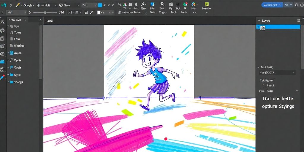 Krita animation interface with colorful drawings.