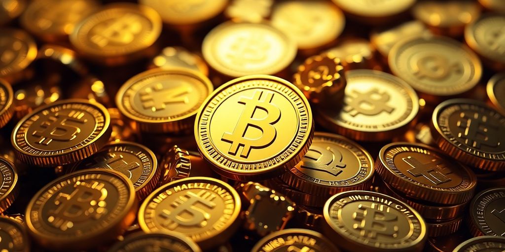 Pièces d'or et symbole de crypto-monnaie.