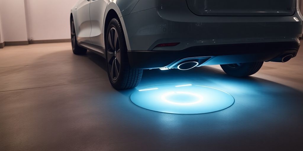 Car parked over charging pad, glowing with energy transfer.
