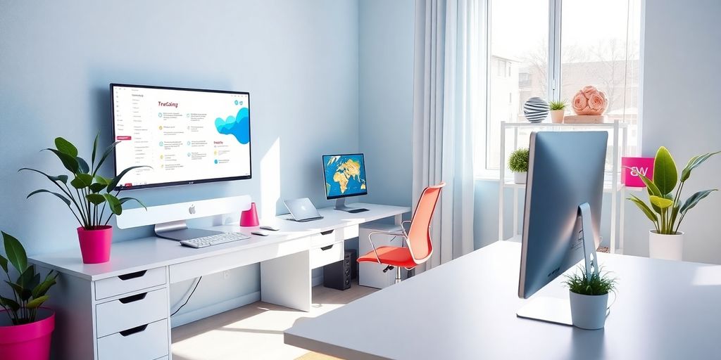 Modern workspace with computer and vibrant design elements.