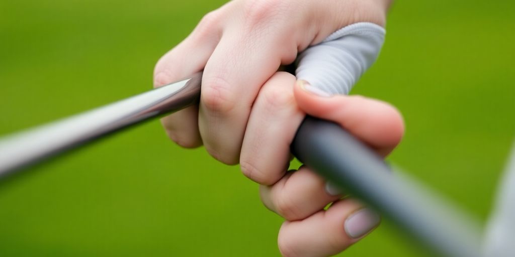 Golfer's hands gripping a club on the green.