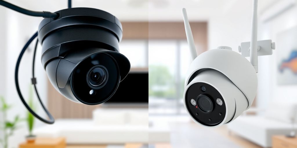 Wired and wireless CCTV cameras side by side.