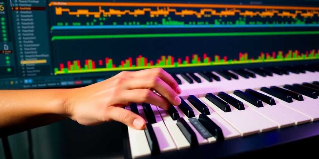 Musician playing MIDI keyboard in FL Studio's interface.