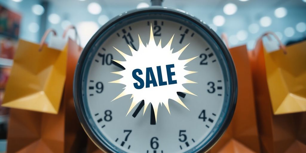 Clock face with a bursting sale tag.