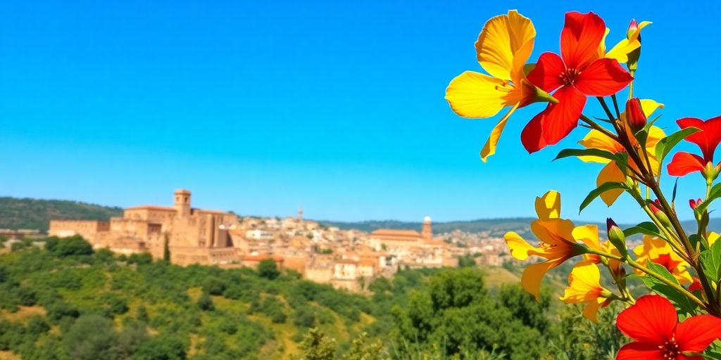 Paisaje español con edificios históricos y naturaleza vibrante.