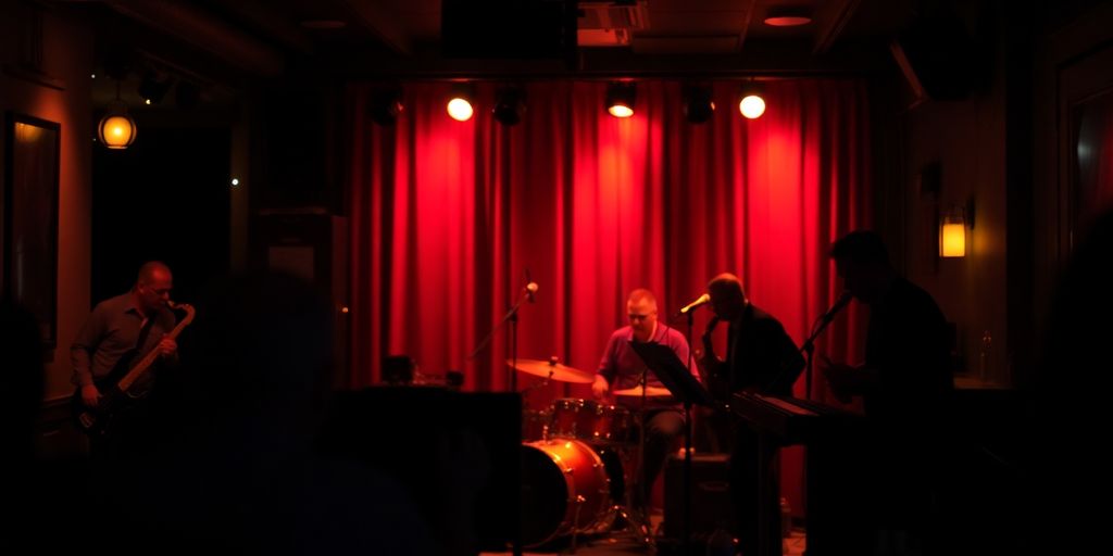 Silhouetted musicians in a dimly lit jazz club.