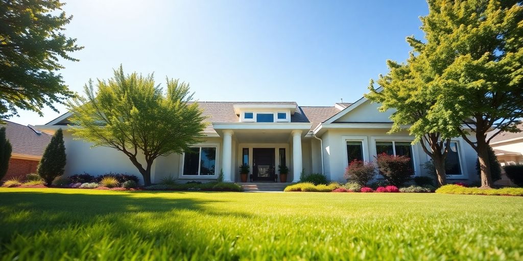Modern home exterior with lush landscaping